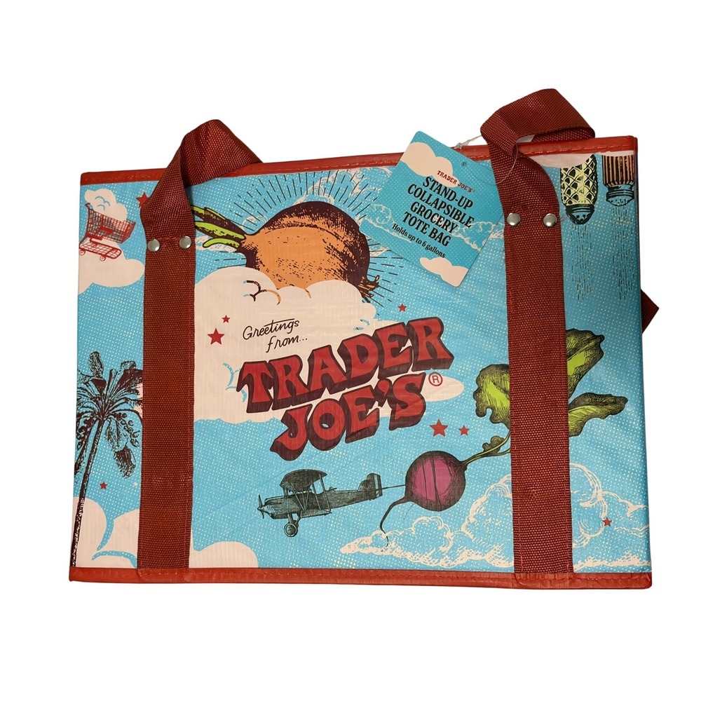 Trader Joes Stand Up Collapsible Grocery Tote Bag Greetings From Day Night NWT